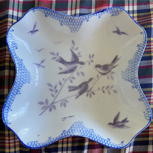 VTG Royal Rudolstadt Prussia Nut/Candy Dish Sparrow Design 7"x7"x1.5" Blue&White